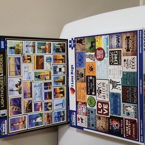 2 White Mountain Puzzles Lighthouses Bridges Stamps Dogs 1000pc Complete Collage
